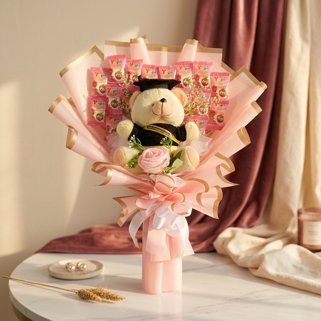 Buket/Bouquet/bucket Tedy bear & permen yupi flower bisa request nama gelar / bunga artificial  Grad