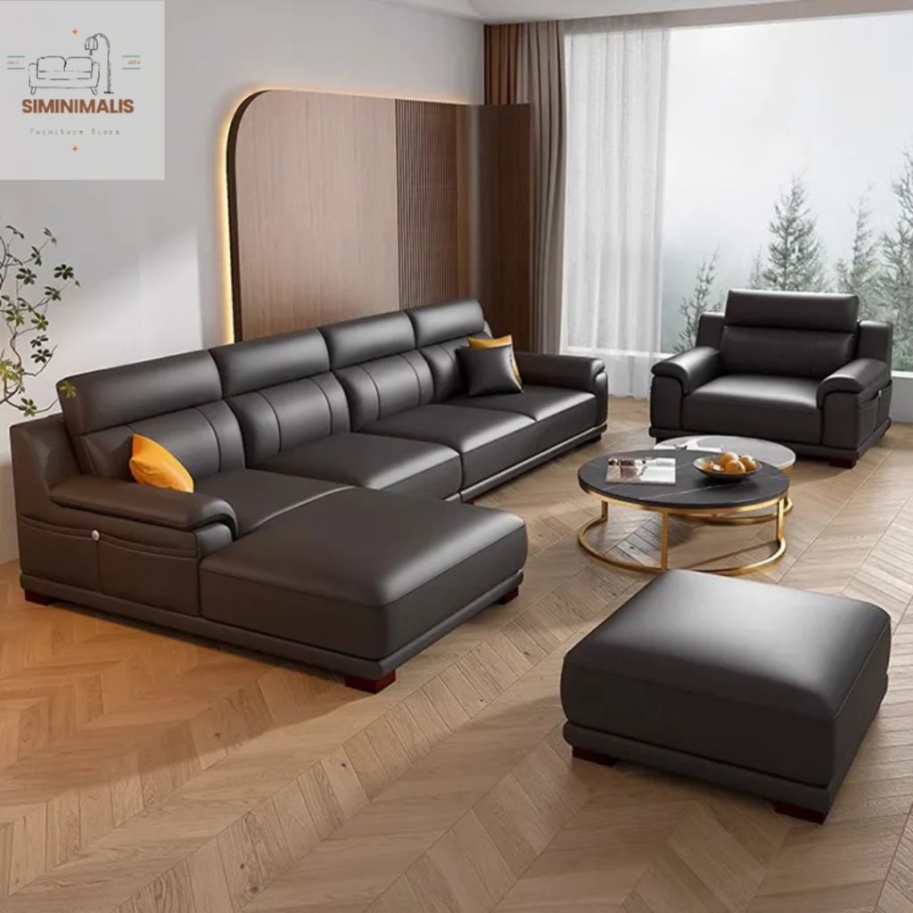 Sofa L Shape Minimalis Modern Anti Air Leather Premium -  Kursi Ruang Tamu Hitam Elegan Kursi Kantor