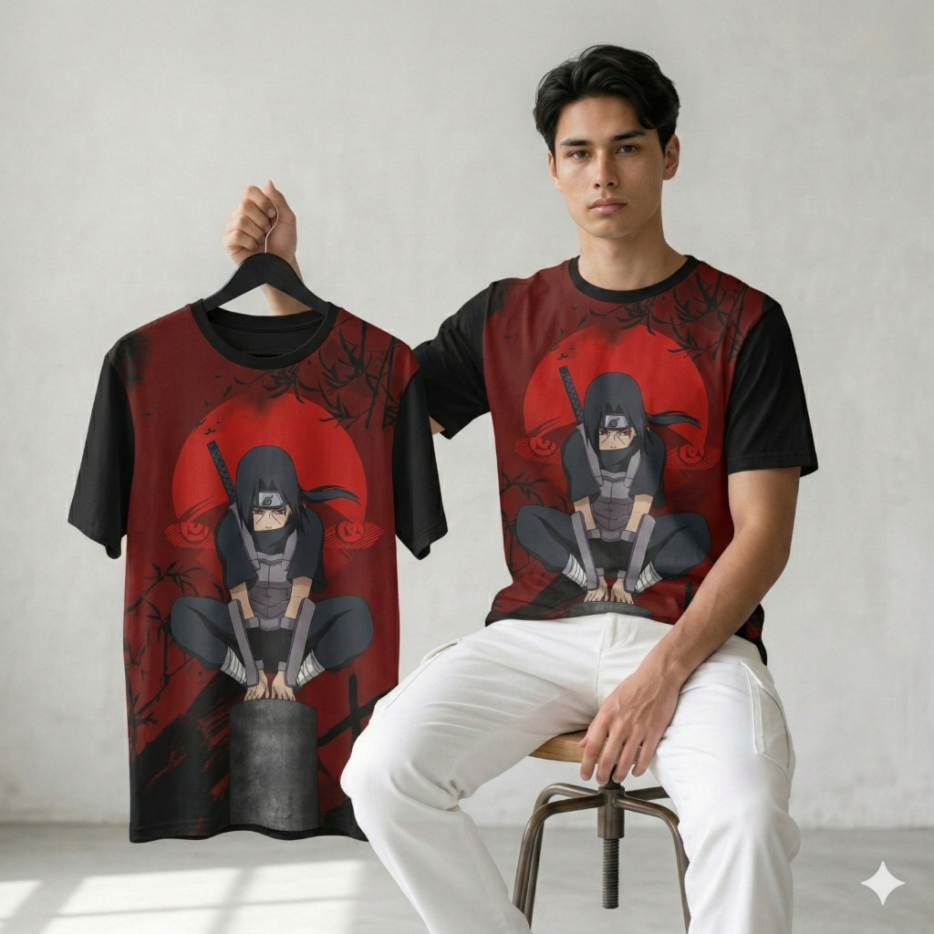 KAOS FULL PRINT UCHIHA ITACHI DISTRO MOTIF UCHIHA ITACHI FULLPRINTING PRIA WANITA