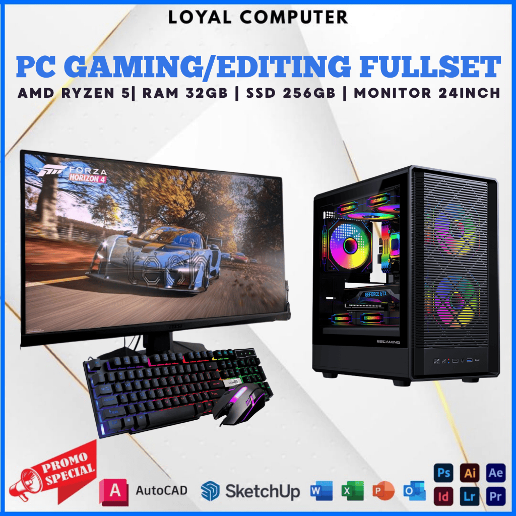 PC GAMING Fullset Ryzen 5 5500GT SSD 256GB HDD 500GB LED 24inch Keyboard Mouse Gaming