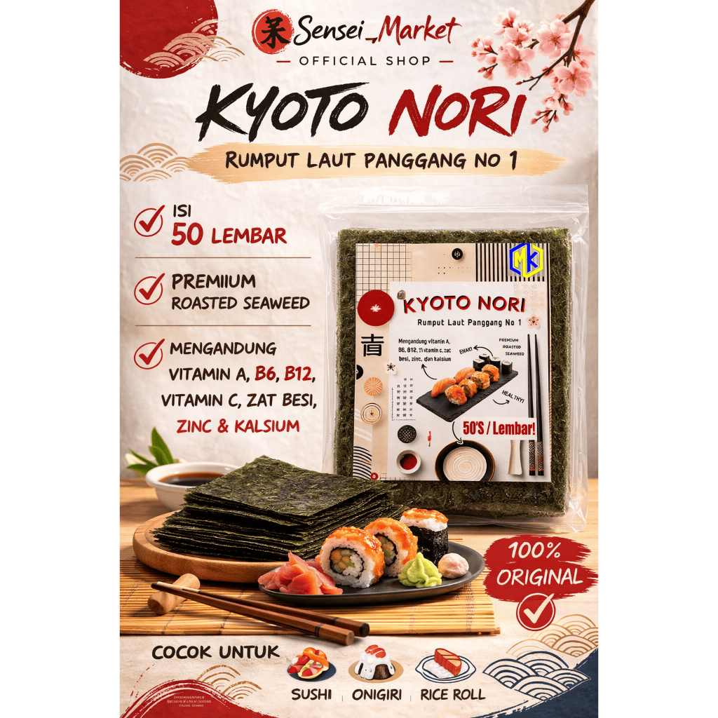 KYOTO Sushi Nori 50 Lembar Halal Murah / Nori Grade A / Nori Panggang / Nori Hijau Gelap / Nori Sush