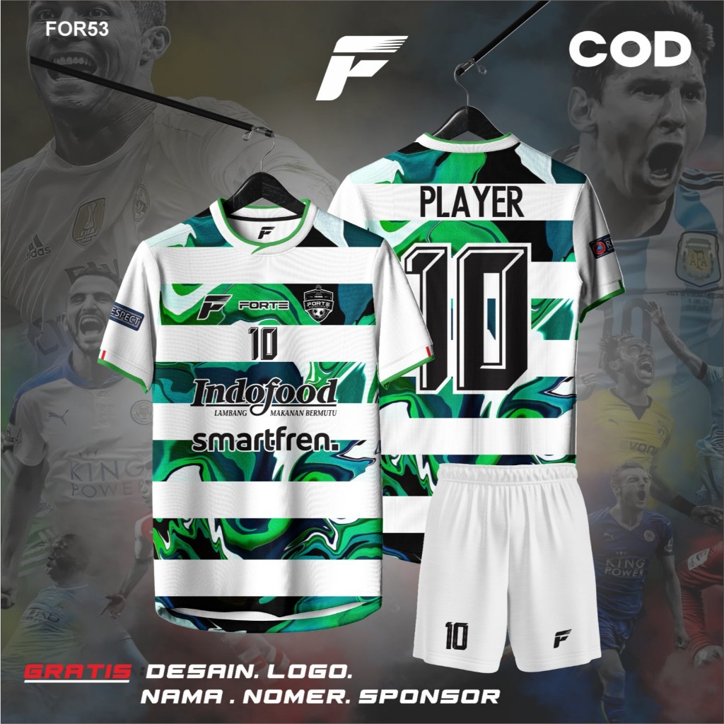 JERSEY FUTSAL FULL PRINTING CUSTOM NAMA+ NO PUNGGUNG WARNA HIJAU PUTIH GARIS GARIS KEKINIAN
