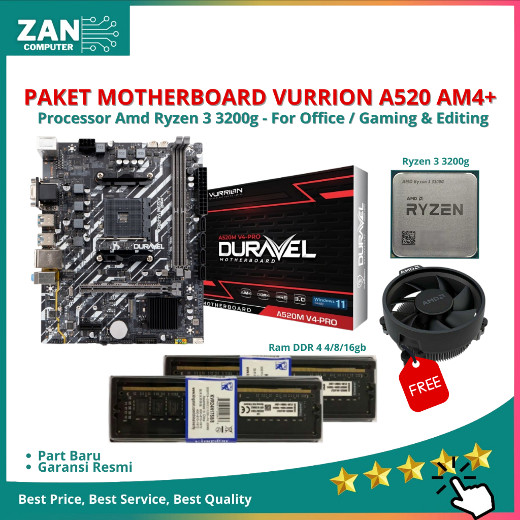 Paket Ryzen 3 3200G + Motherboard Vurrion A520-V4 Pro Duravel Socket AM4 DDR4 M.2 NVME 3200MHz Dual 
