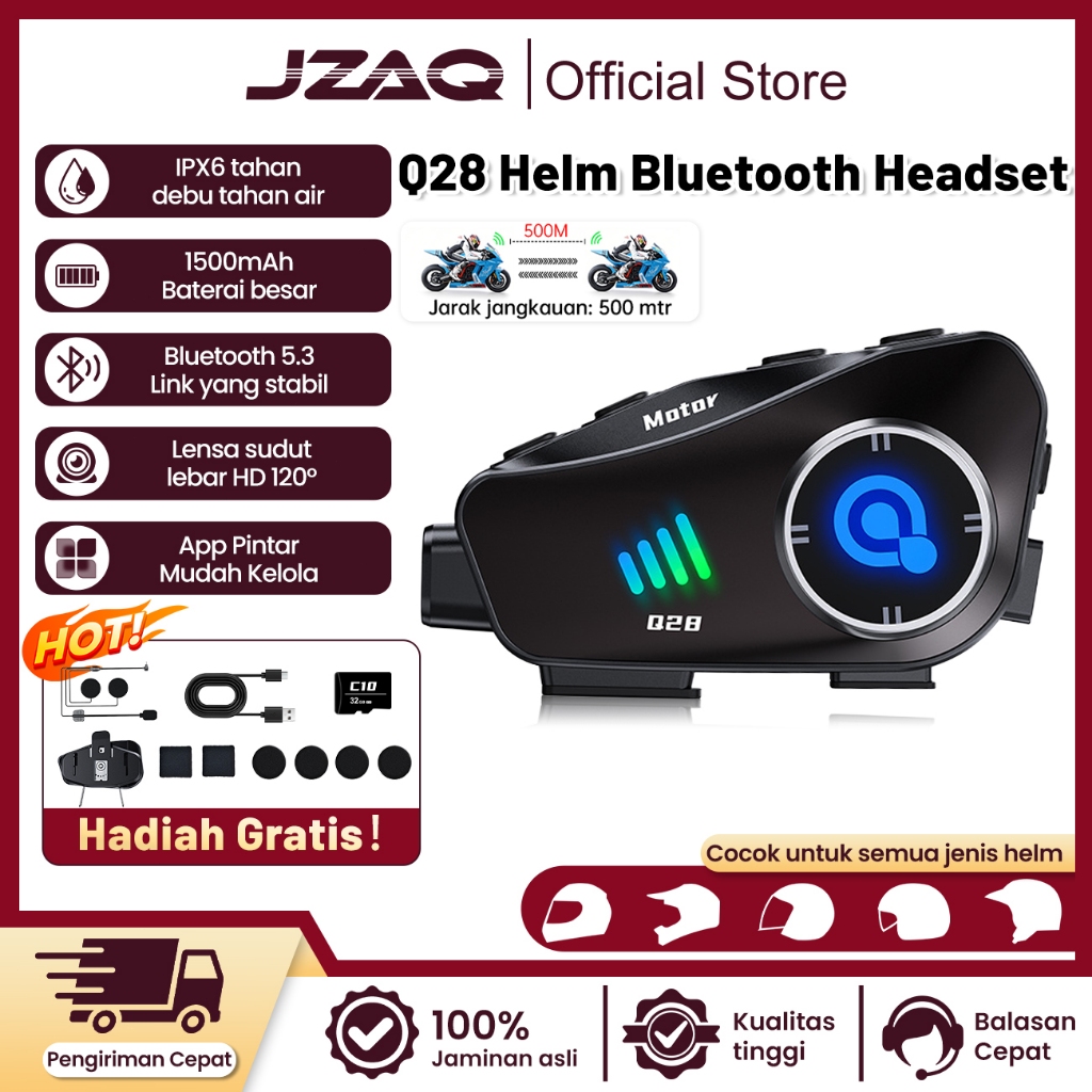 JZAQ Q28 Kamera helm untuk merekam perjalanan motor, kamera helm Bluetooth dengan video HD 1080p, he