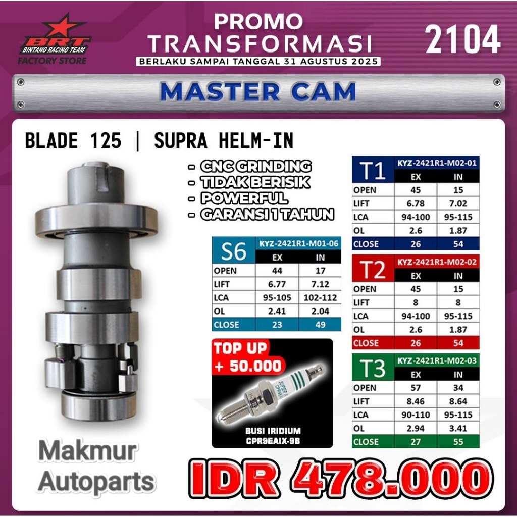 Promo Transformasi BRT 2104 Master Cam Noken as Blade 125 Supra X Helm In KYZ - BINTANG RACING TEAM 