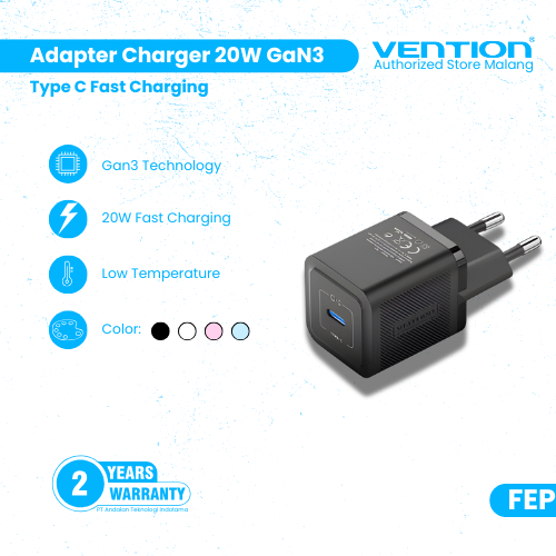 Kepala Charger Vention Gan Charger 20W PD Type C Satu Set Kabel MFI Nylon PVC for iPhone MFI 11 12
