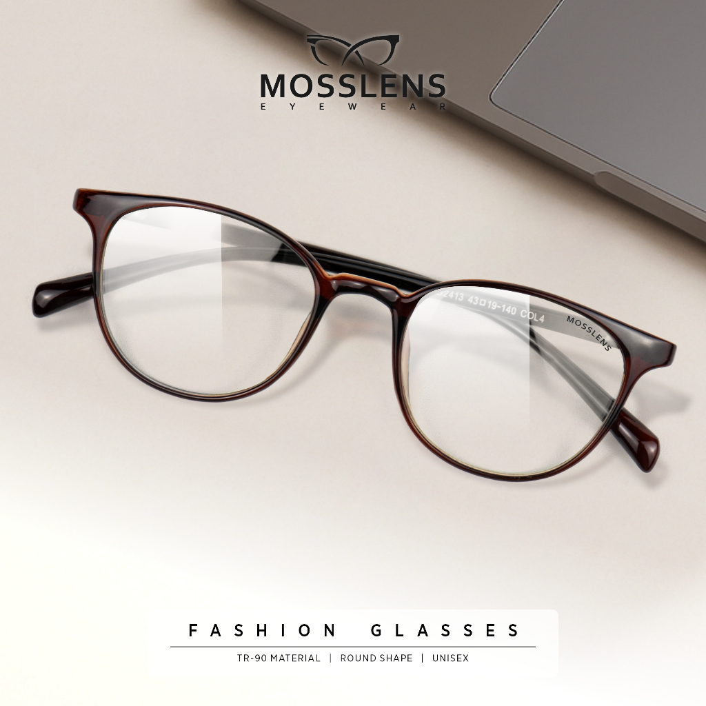 Mosslens Kacamata Bulat Photocromic Anti Radiasi Blueray Bisa Minus Frame TR90 Lentur Unisex 2413