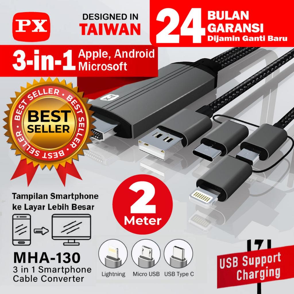 PX MHA-130 Kabel HDMI ke Type C USB/Micro/Lightning PX MHA 130 Converter 3in1 2 Meter Bisa Semua HP