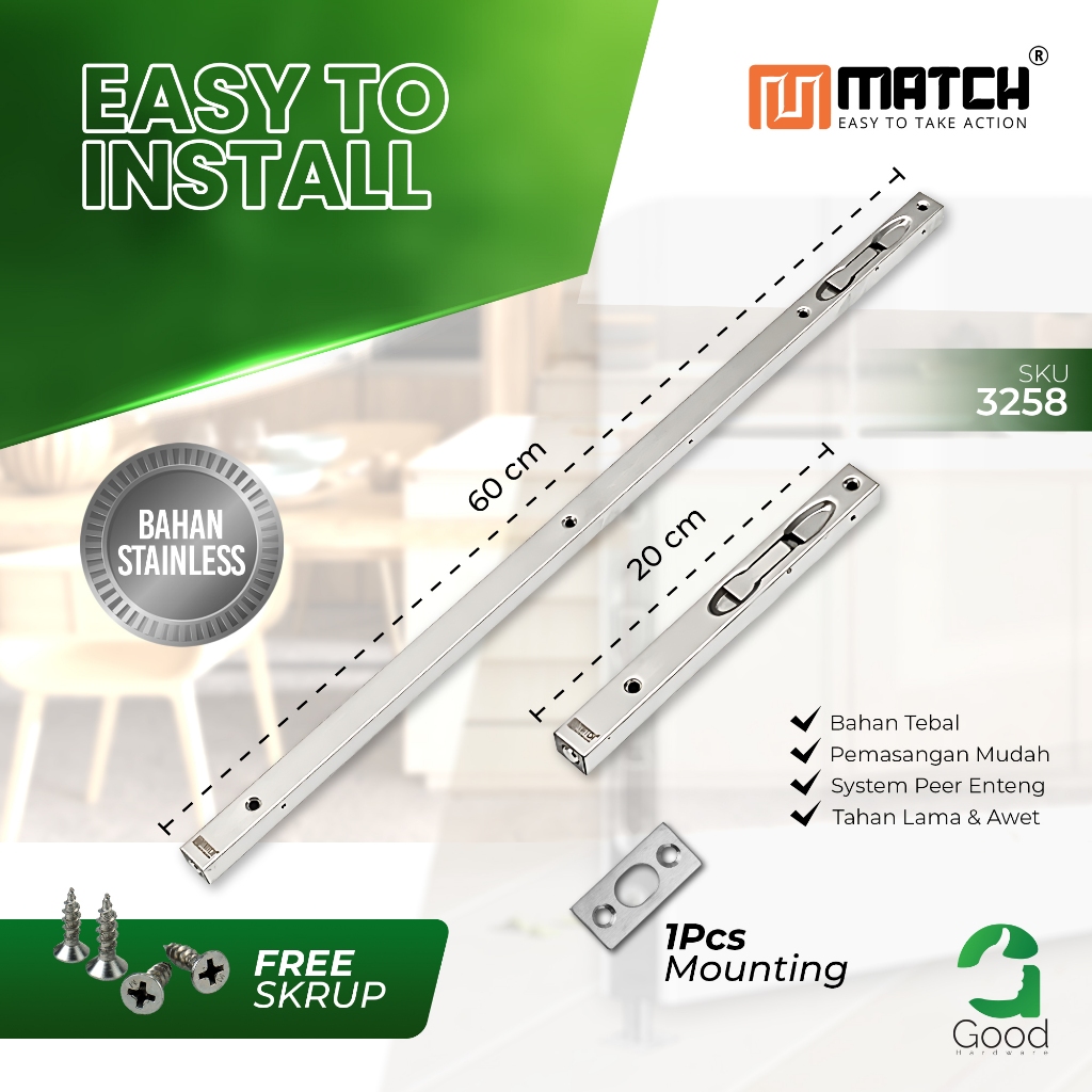 Grendel Tanam Stainless 24 Inch 60cm Slot Tanam Panjang Tebal Set Atas Bawah Pengunci Pintu