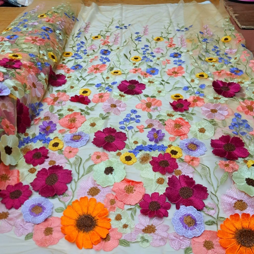 Kain Tile Garden Full Bordir Flower 3D Twotone  Timbul Mewah