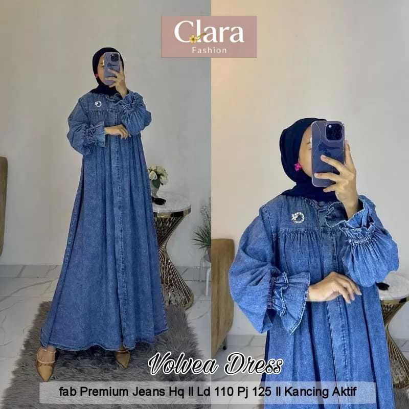 Volvea Gamis Dress Original Clara Fashion Premium Jeans HQ Kancing Aktif Busui Friendly Lengan Balon
