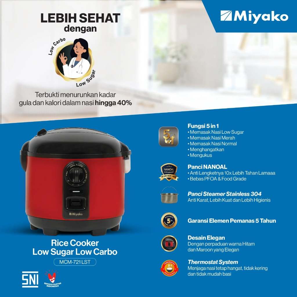 Miyako Low Sugar Rice Cooker 1.8 Liter 5in1 Nanoal MCM-721LST MCM-721-LST