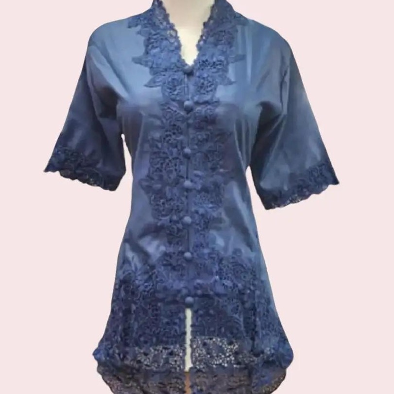 Atasan Kebaya Encim Bordir Polos Lengan Pendek Bahan Katun Premium Warna Navy