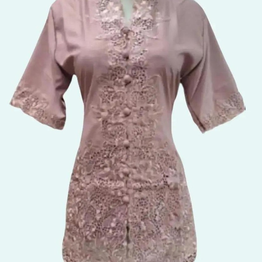 Atasan Kebaya Encim Bordir Polos Lengan Pendek Bahan Katun Premium Warna Cokelat Susu