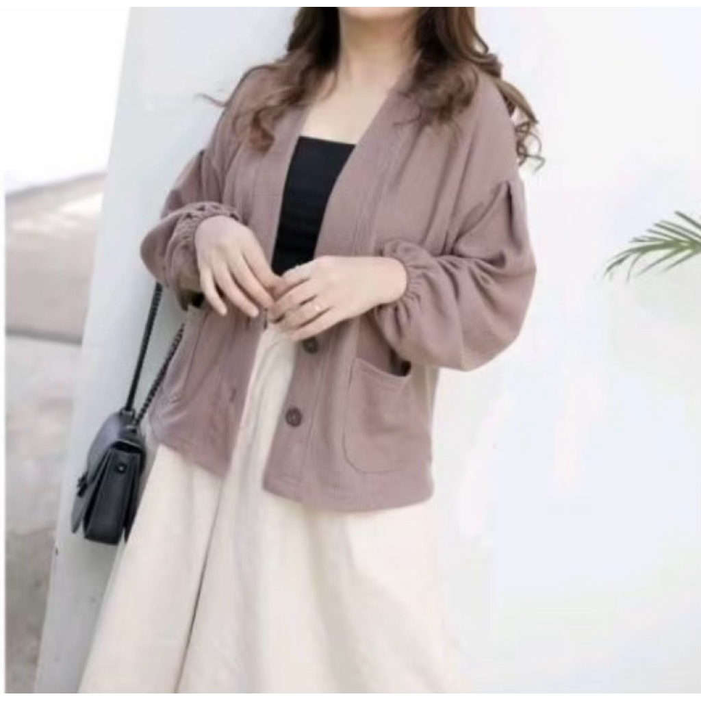 CARDIGAN LD 100-130/OUTER OVERSIZE WANITA LENGAN PANJANG KANCING KANTONG JUMBO RIB KNIT KAOS POLOS