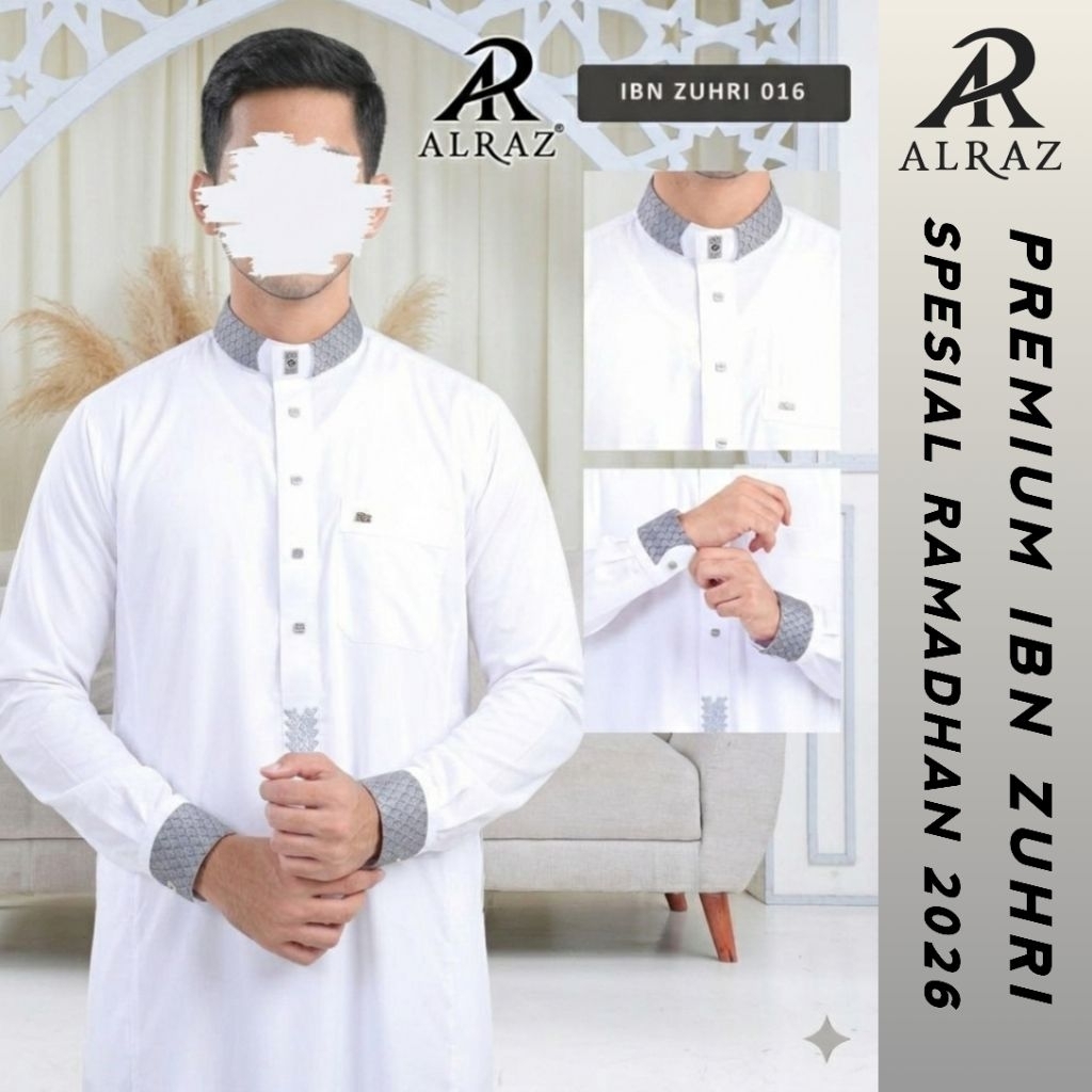 Jubah Gamis Pria Dewasa Al Raz Zuhri Putih | Standar Import | Kancing Premium | Kerah Tegak Bordir