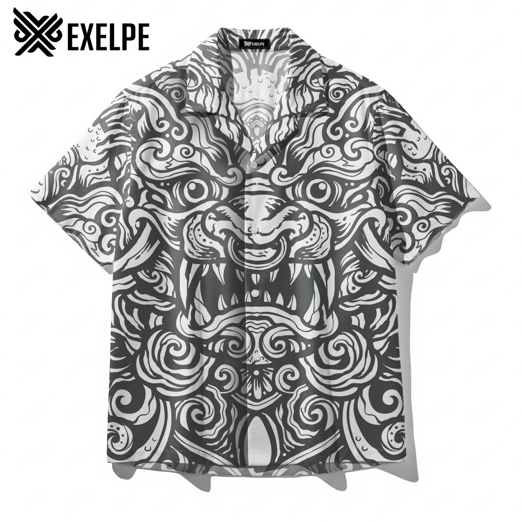 EXELPE Kemeja Motif Black White Barong Balinese Mask Art