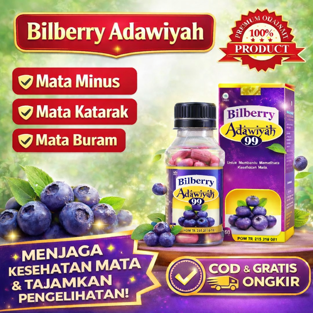 Suplemen Vitamin Mata Bilberry Adawiyah 99 100% Ori 60 kps - Solusi dan Program Pemulihan mata Tanpa