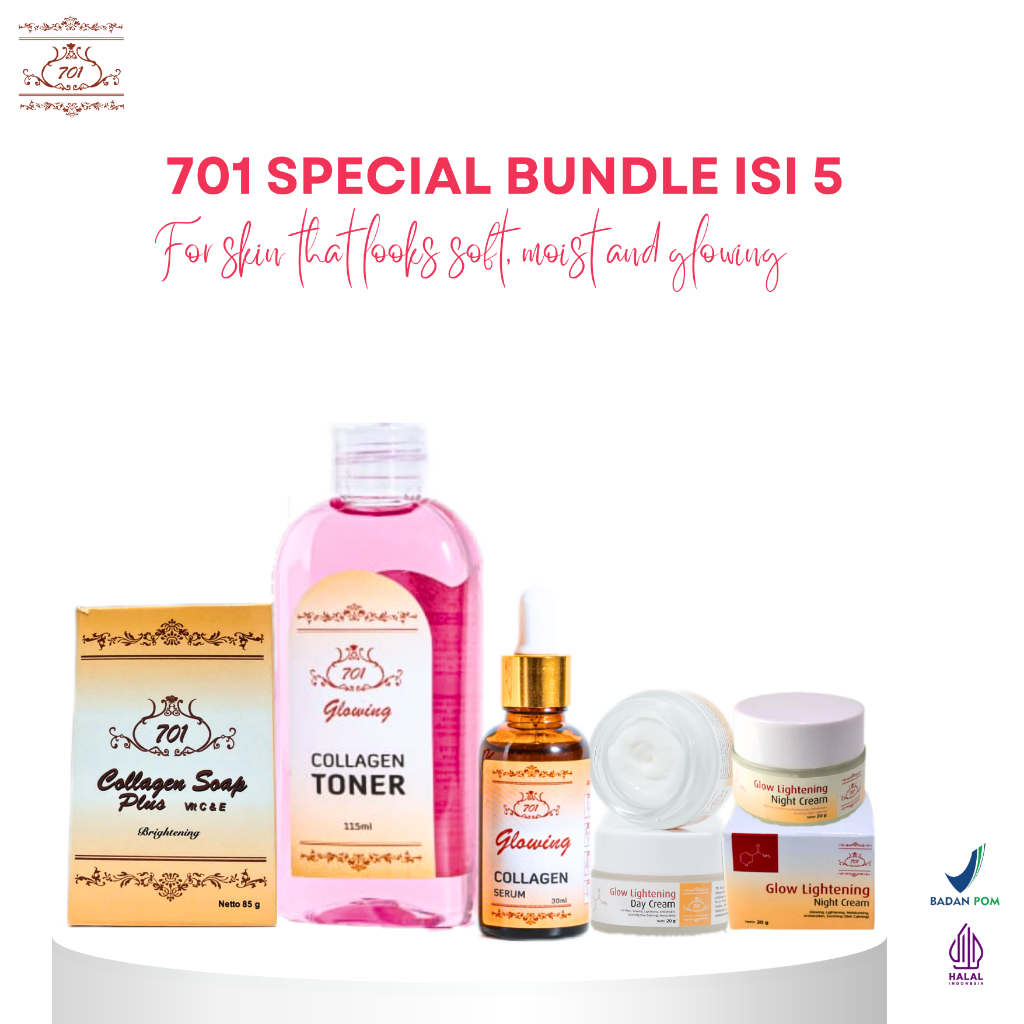 701 Special Bundle 5in1 Paket Lengkap Glowing dengan sabun batang collagen (Free Pouch, Sabun Collag