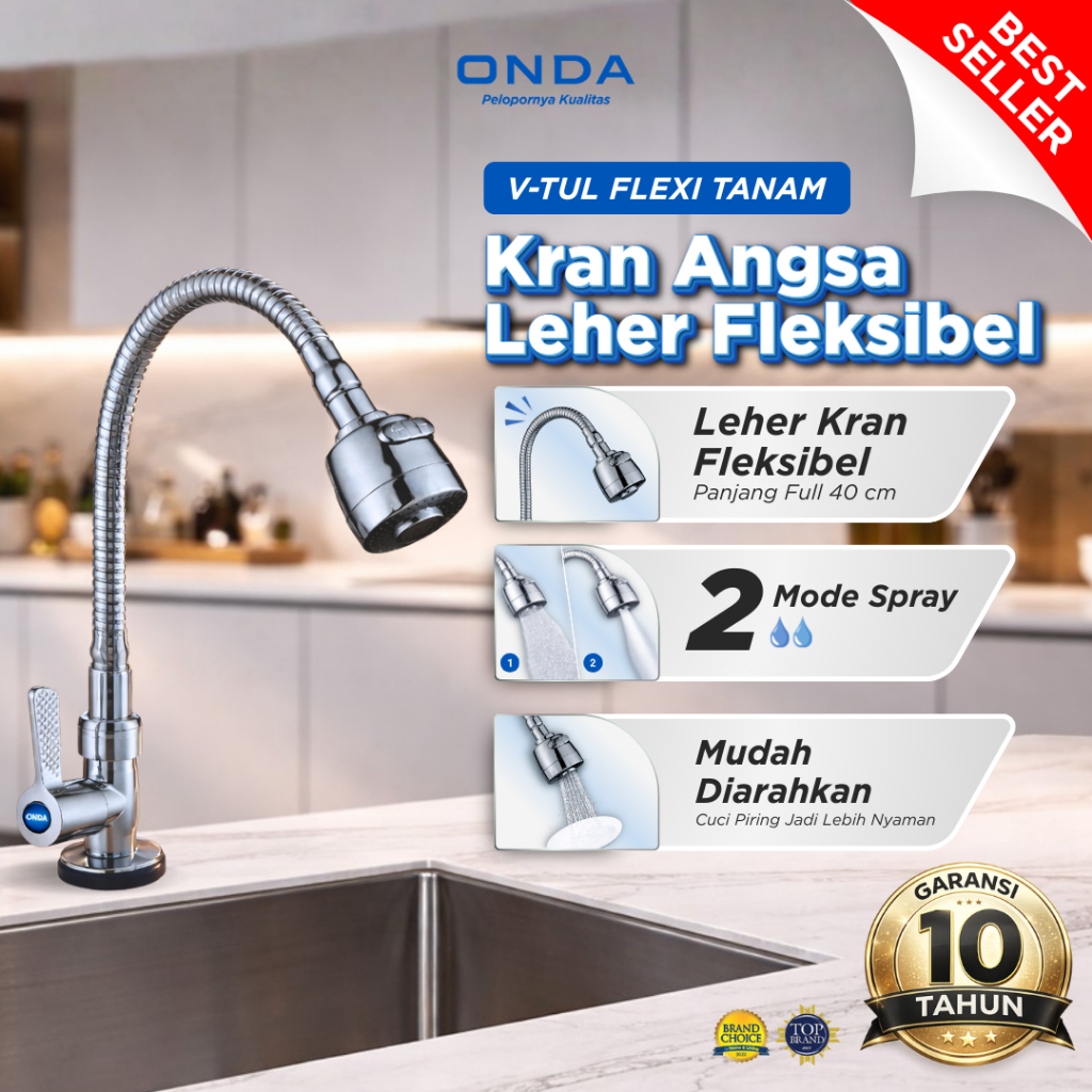 ONDA Kran Dapur Cuci Piring V-TUL FLEXI Tanam 1/2 In Keran Dapur Leher Angsa Fleksibel