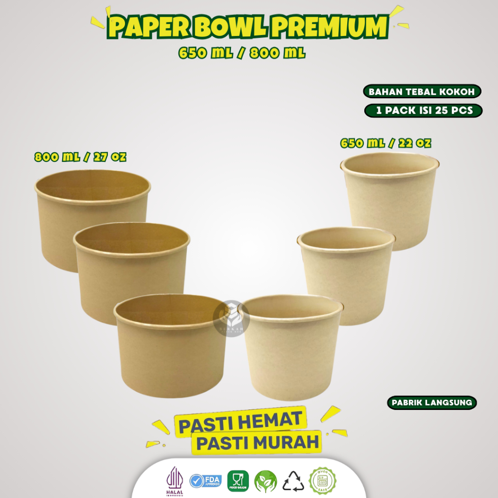 (25 Pcs) Paper Bowl 650ml Food Grade Tanpa Tutup / Rice Bowl Kraft Laminasi / Paper Bowl Food Grade 