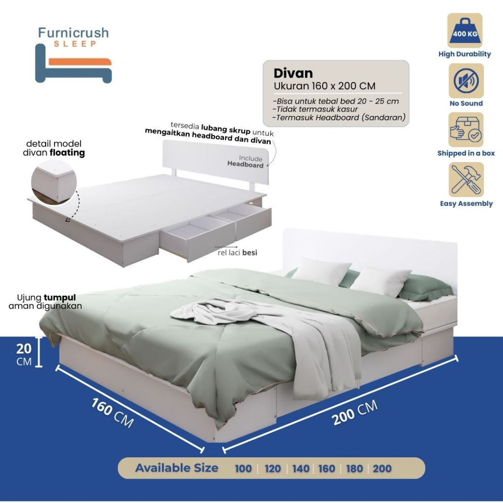 Furnicrush Sleep Dipan Kasur 160 X 200 / Ranjang Tempat Tidur / Divan 160 / Dipan Laci / Divan Queen