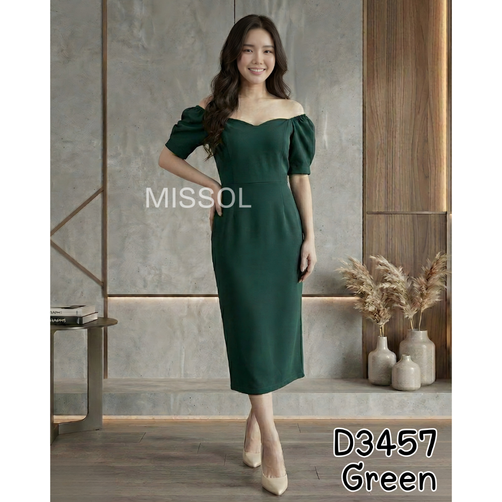 MISSOL Dress lengan balon scuba dress sabrina lengan pendek polos midi 3457 D3457