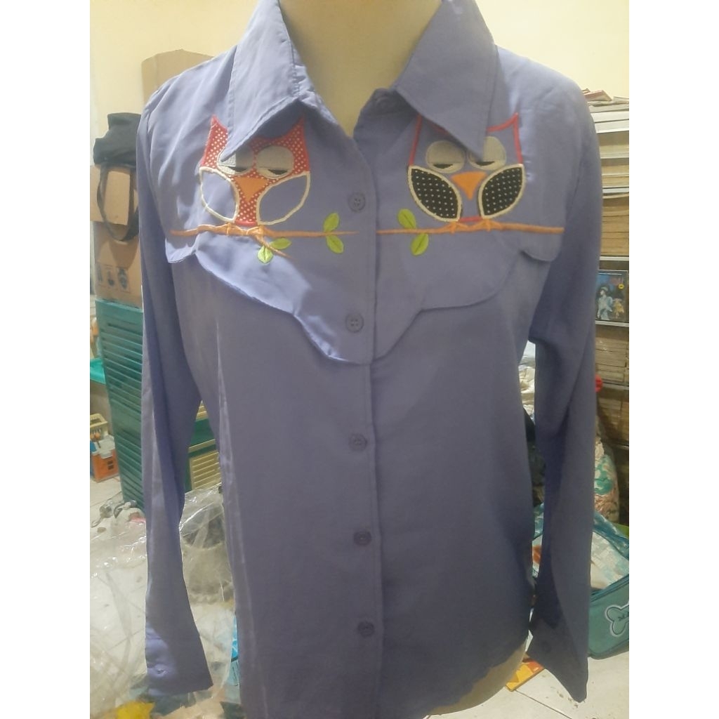 atasan blouse lengan panjang burung hantu bordir lilac