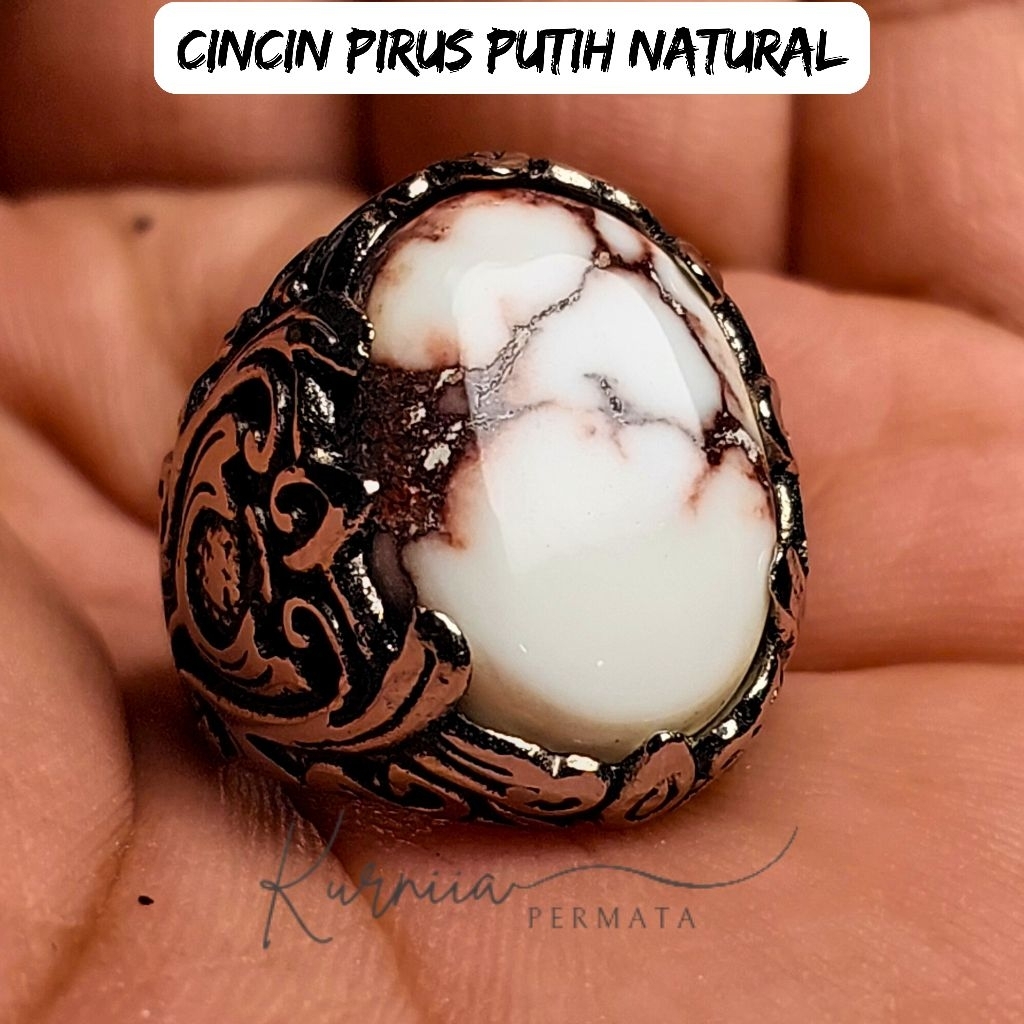 Cincin Batu Pirus Putih Amerika Ceplok Kuro Urat Merah Asli Natural Dim 18-20mm Rings Akik Alpaka Su