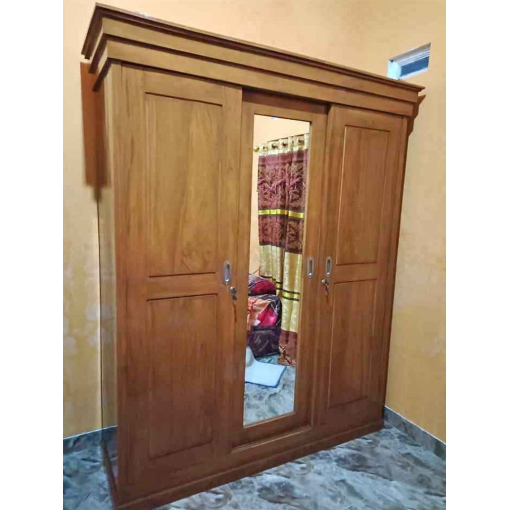 Lemari Pakaian Kayu Jati 3 Pintu Sliding