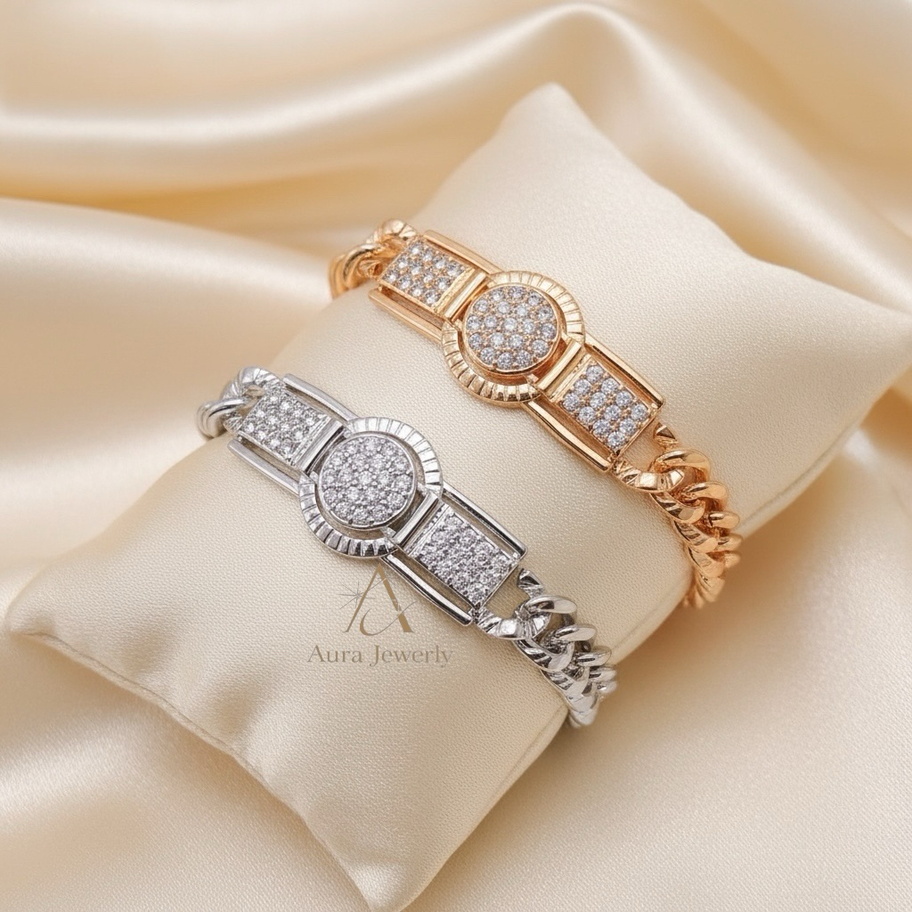 Aura Jewelry Gelang Rantai Plat Bulat Permata Model Jam elegant Perhiasan Wanita Lapis Emas Perak