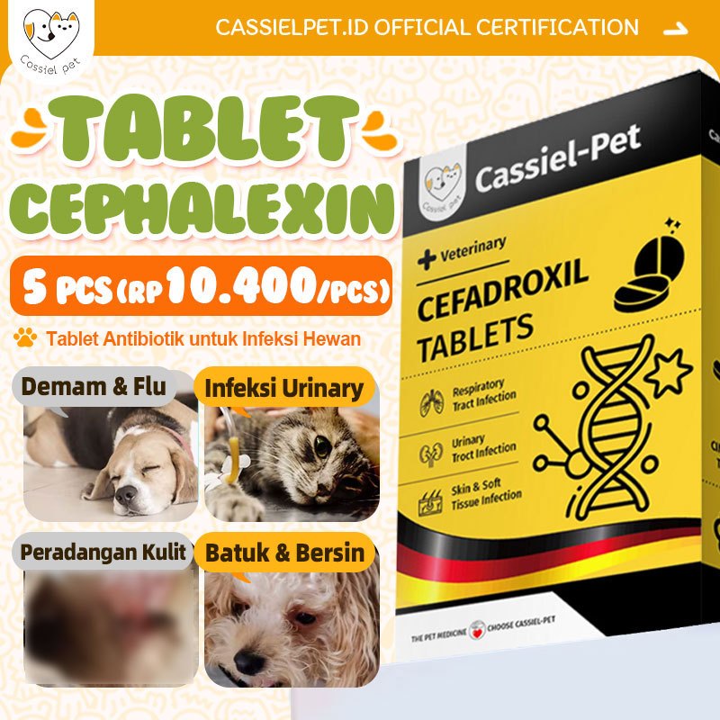 Cassiel Pet Cephalexin Hewan - Antibiotik Obat Infeksi Kulit, Telinga & Saluran Kemih Anjing/Kucing 