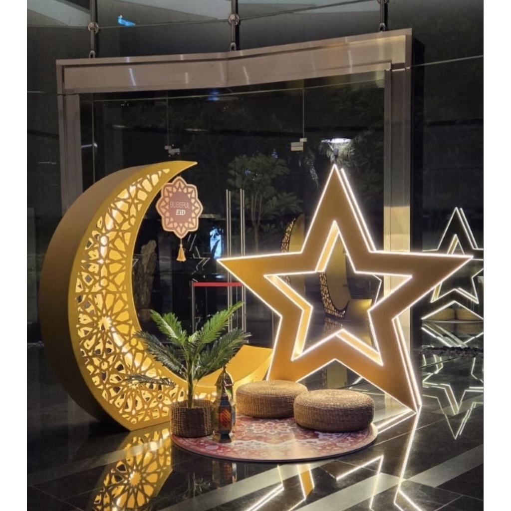 DEKORASI PANGGUNG KANTOR RAMADHAN BULAN SABIT KUBAH LENTERA BESAR STYROFOAM MULTIPLEK BINTANG EID ID