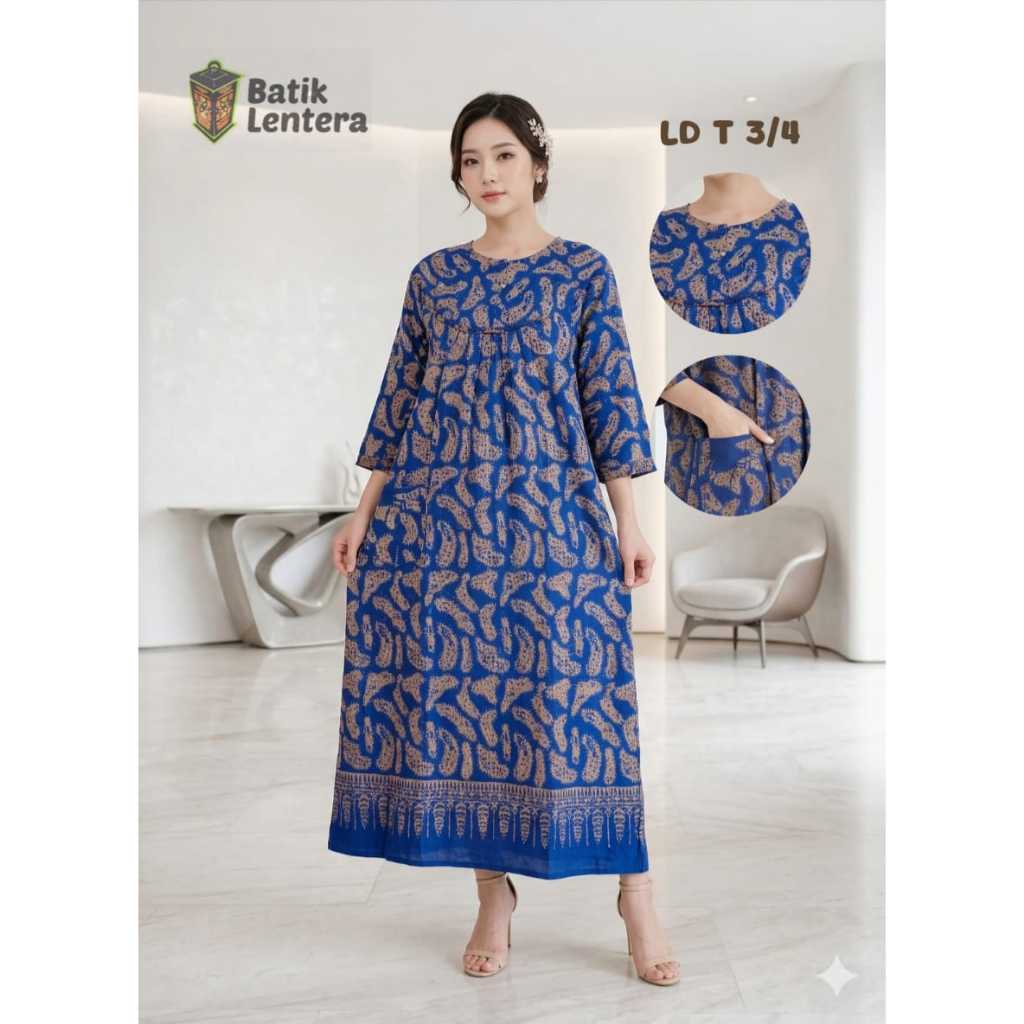 Baju Tidur Longdress Daster Lentera Batik Tangan 3/4 Busui Kancing Motif Pelangi Sunan Rayon Premium