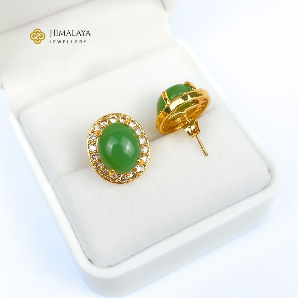 Anting Stud Tusuk Sumpel Motif Batu Hijau Giok Hongkong Dengan Akses Permata Bahan﻿ Tembaga Lapis Em