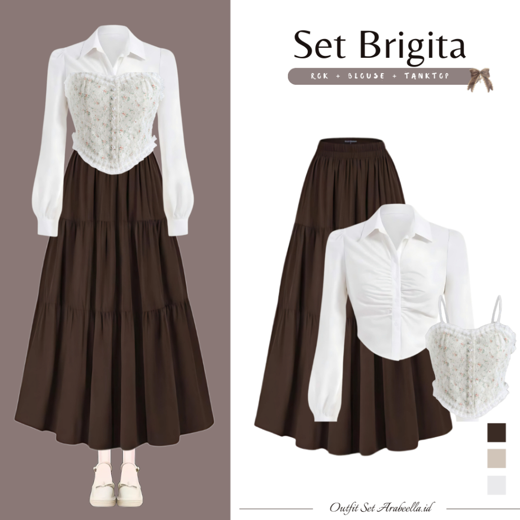 Setelan Wanita Brigita Vintage ( Rok Susun + Blouse Puff + Tanktop Vintage Bunga ) Ootd Hangout Keki