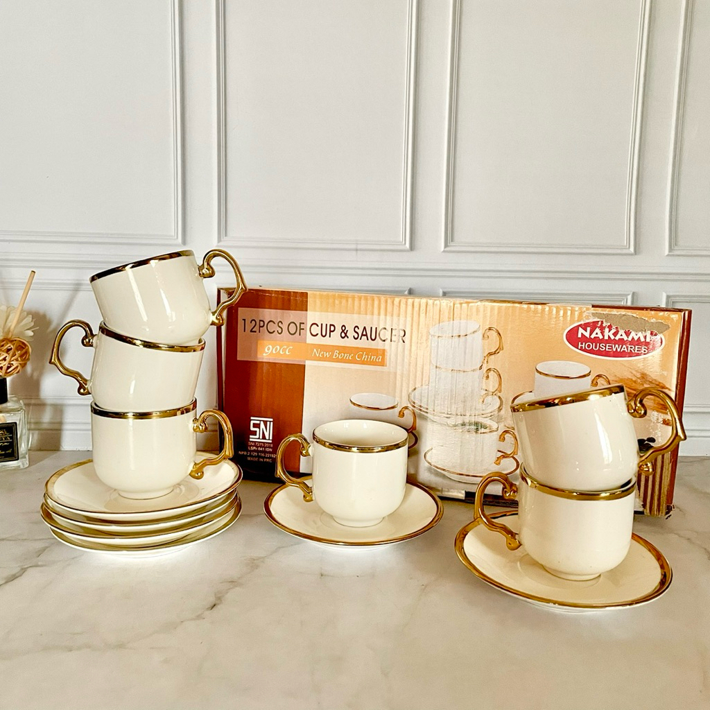 Cangkir Keramik Set 12 PCS Mewah Elegan kecil - Cangkir Set Putih Emas - Cangkir Teh Set Nakami - Ca
