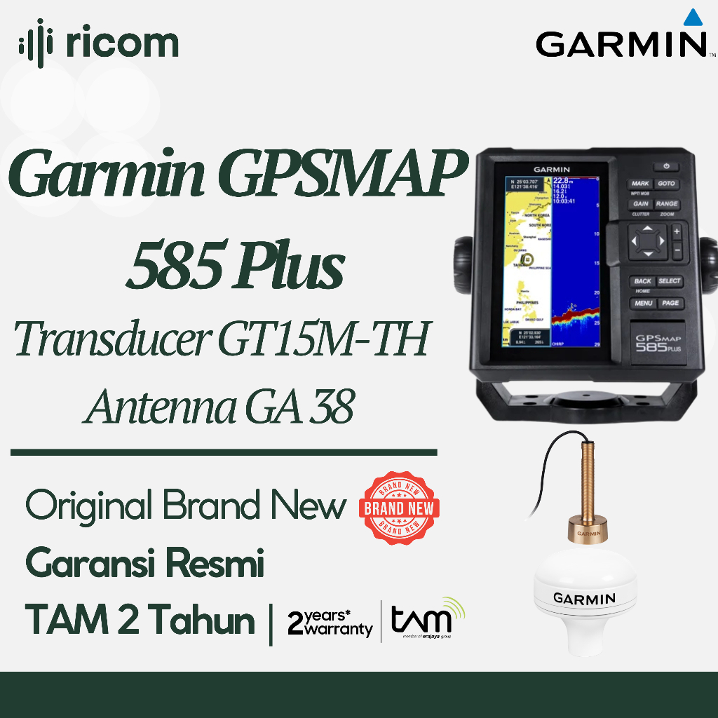 Garmin GPSMAP 585 Plus + Transducer GT15M-TH + Antenna GA 38– Fishfinder & GPS Original Garansi Resm