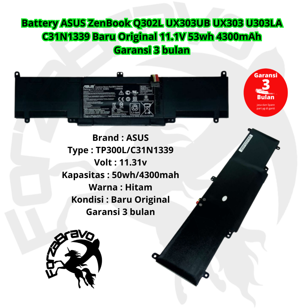 Baterai Asus ZenBook UX303 TP300L TP300LA TP300UA Q302L 4300mAh Baru Li-Polymer Hitam