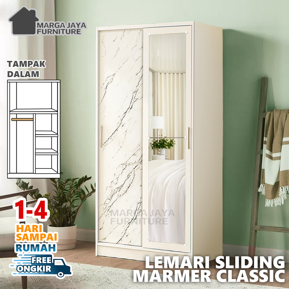 MARGAJAYA Lemari Pakaian Sliding 2 Pintu Geser Marmer Putih Minimalis