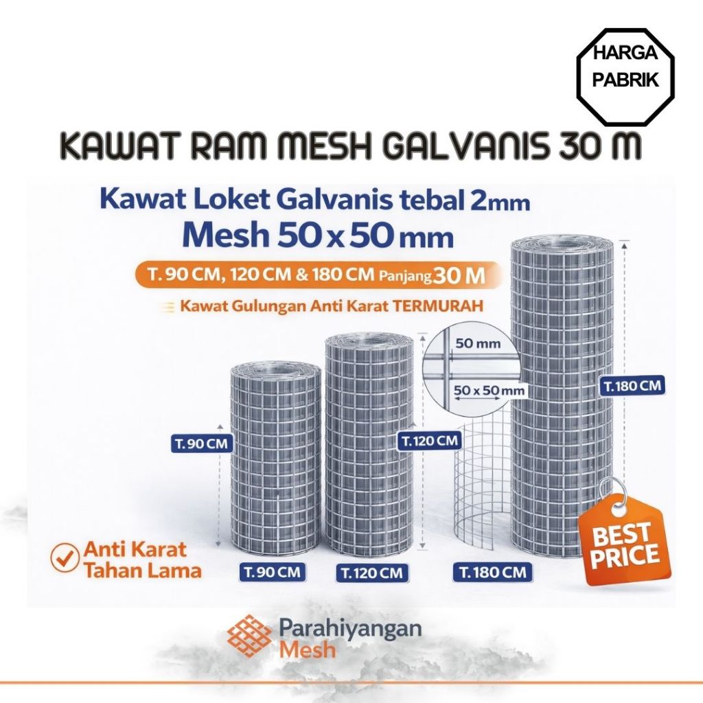 Kawat Loket Galvanistebal  2mm Mesh 50 x 50 mm Kawat Gulungan Anti Karat Termurah