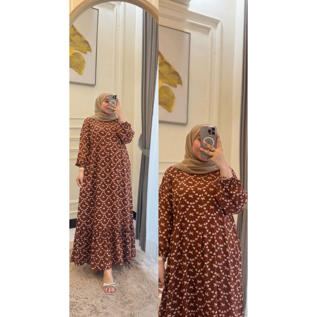 Gamis Helena/ gamis katun rayon viscose motif etnik batik bunga bunga kecil MONOGRAM/ gamis kerah on