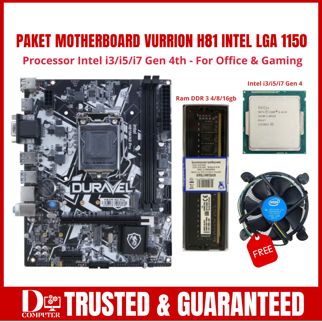 Paket Motherboard H81 Vurrion Duravel Socket 1150 DDR3 Dual M.2 NVME Support i3 4170 i5 4590 i7 4790