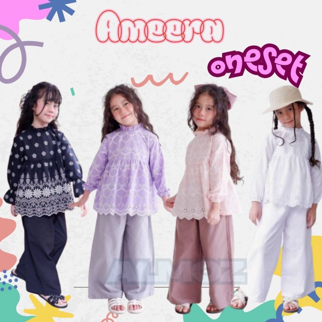 Setelan Tunik Anak Perempuan Bordir Linen Celana Panjang