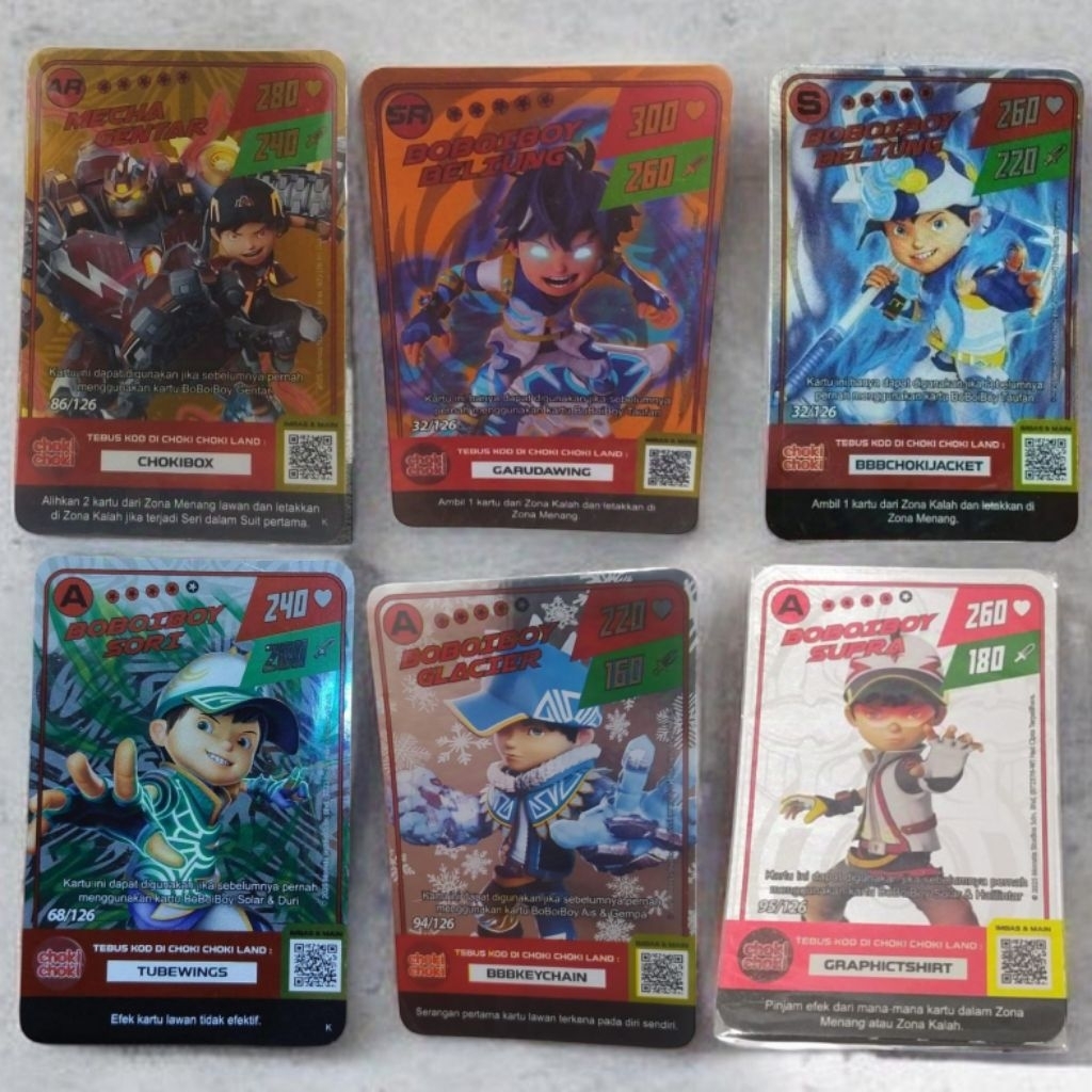 Kartu Boboiboy Choki-choki/ Kartu Boiboiboy Beliung SR Gold/Mecha Gentar Gold AR/Glacier/Supra/Sori/