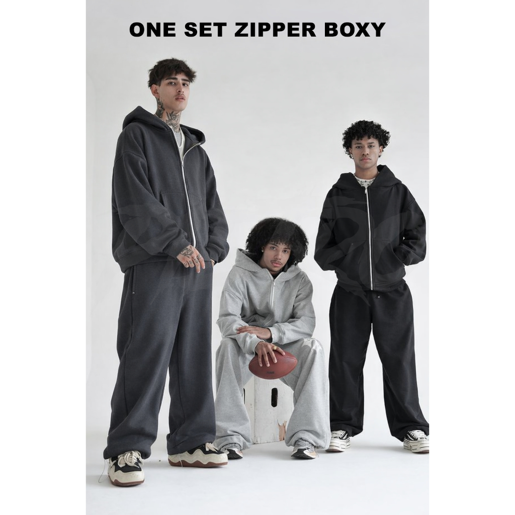 PIETRO - ONE SET HOODIE DOUBLE ZIPPER BOXY + BAGGY SWEATPANTS FLEECE 280 - 300 GSM