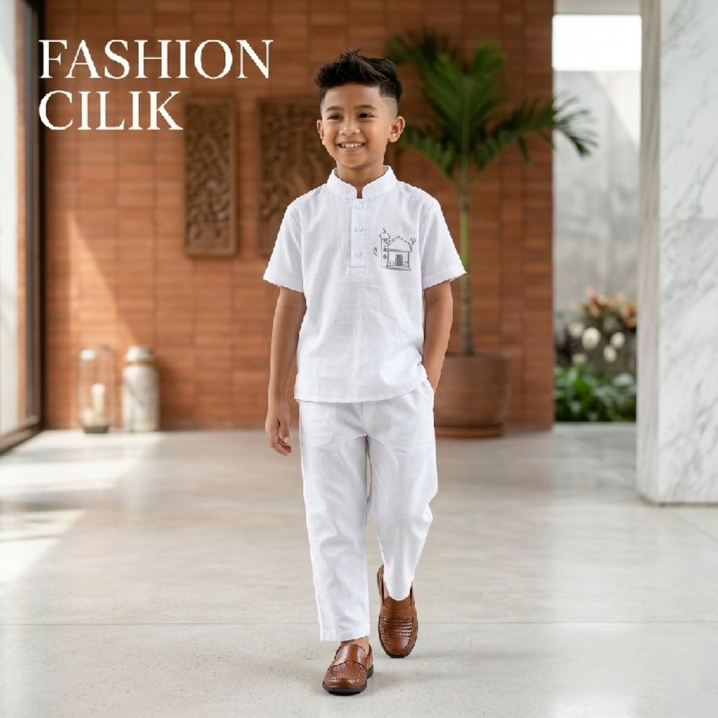 Setelan Koko Anak Putih Logo Masjid Warna Random