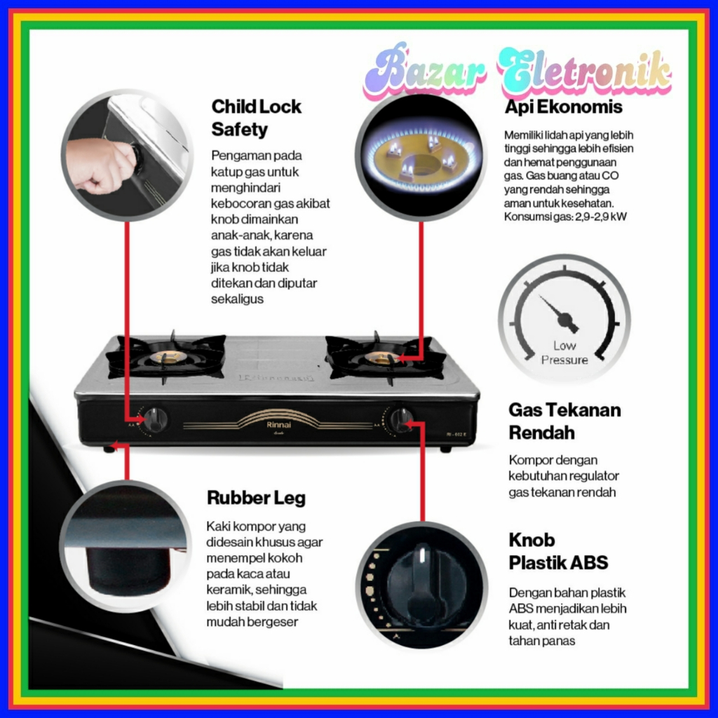 KOMPOR GAS RINNAI RI 602 E / KOMPOR GAS RINNAI 602E / KOMPOR GAS RINNAI 2 TUNGKU / KOMPOR GAS RINNAI