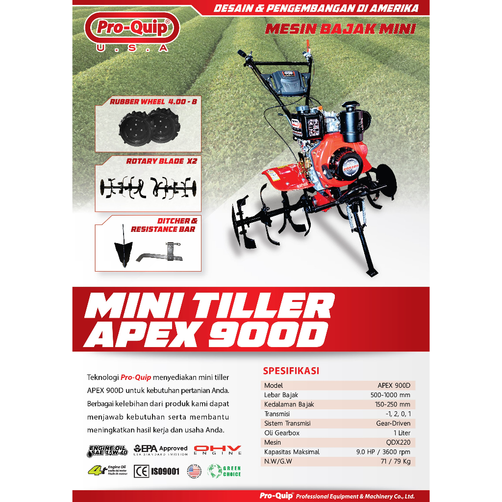 PROQUIP APEX900D Mesin Traktor Mini DIESEL SOLAR / Mesin Cultivator Bajak Sawah Kebun Ladang Basah K