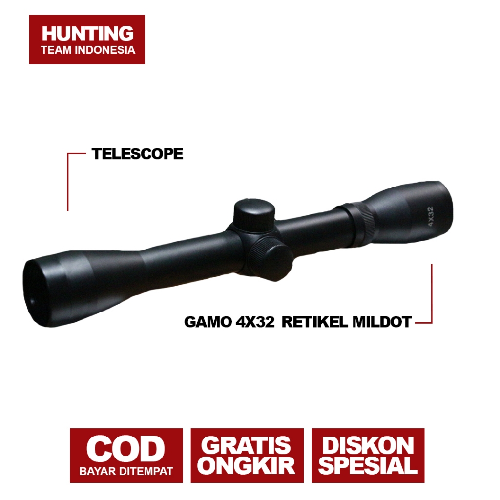 100% Original GAMO NITRO 4X32 Mildot Teleskop Retikel Mildot Fix Zoom Lensa Biru Tanpa Lampu
